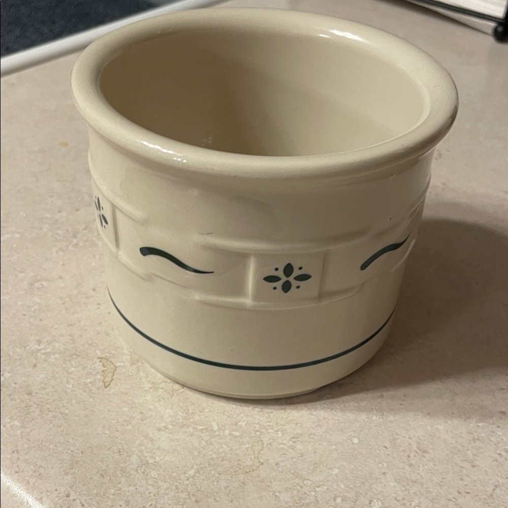 Longaberger Cream and Green Ceramic Crock